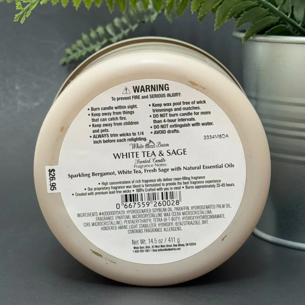 BBW White Tea & Sage White Barn Bath & Body Works 3 Wick Candle - Picture 9 of 10